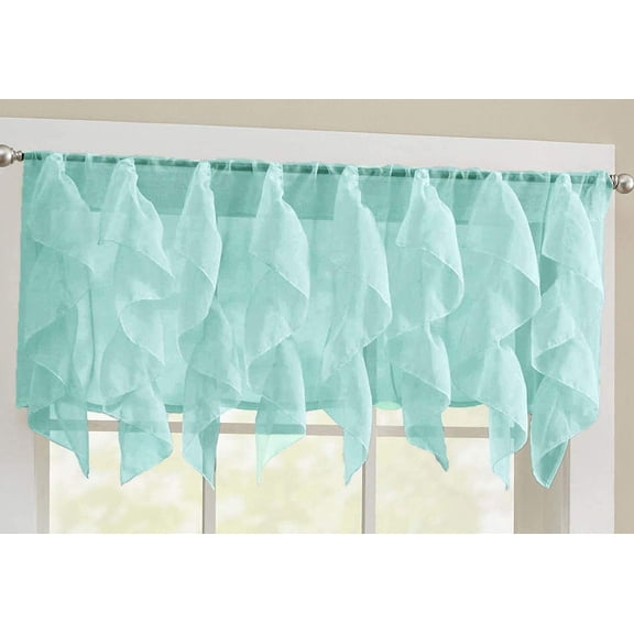 Vertical Kitchen Curtain Sheer Cascade Ruffle Waterfall Window Treatment Valance, 18 Inches Long, 1 Piece, Sea Blue