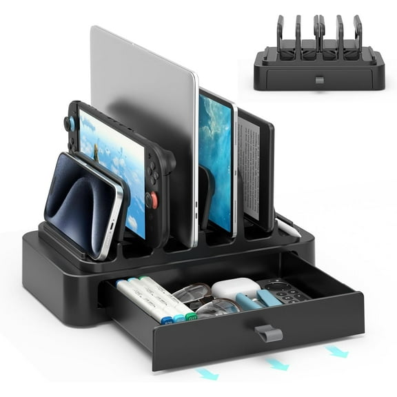 Vertical Laptop Stand with Drawer - 7-in-1 Space-Saving Laptop Holder with Gravity Locking Fits MacBook, Dell, HP, Chromebook, Surface Pro, Tablet, Cell Phone, Switch, Keyboard Desktop Organizer