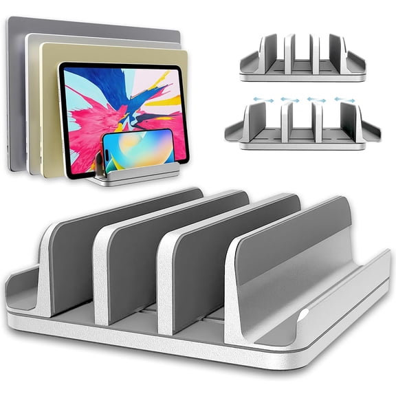 Vertical Laptop Stand Holder 5 Slots, Aluminum Space-Saving Laptop Holder, Adjustable Size Dock Tabletop Desk Organizer