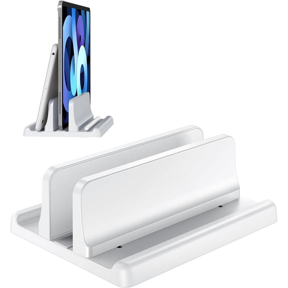 Vertical Laptop Stand Holder Plastic Adjustable Desktop Notebook Dock Space-Saving 3 in 1 for All MacBook Pro Air, HP, Dell, Microsoft Surface, Lenovo, up to 17.3 inches (White)