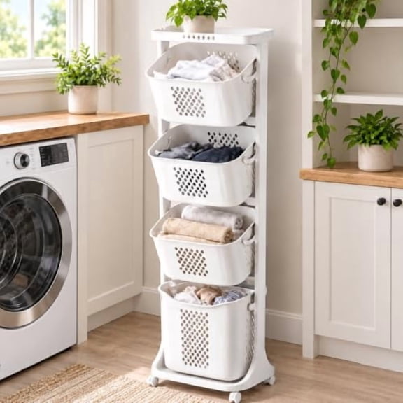 Vertical Laundry Basket Organizer with Wheel, Stackable Removable Laundry Hamper Cart for Small Space, Dorm, Bathroom