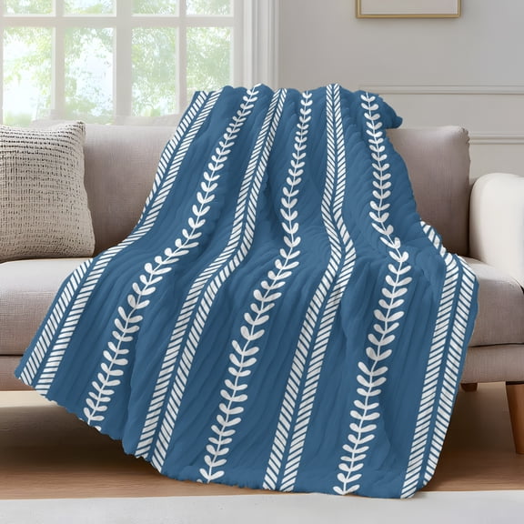 Vertical Leaves Stripes Throw Blanket for Couch Modern Minimalist Blue White Vine Vine Line Soft and Warm Flannel 3D Striped Fluffy Fuzzy Fleece Blanket Lightweight Throw for Bed, Sofa 50 x 60 Inches