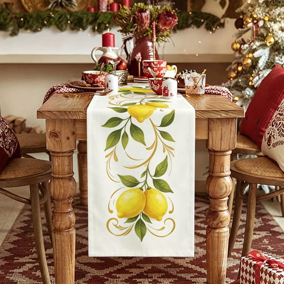 Vertical Lemon Vine Print Table Runner, 13x48/13x70/13x108 inch, Polyester, Classic Kitchen Accent Decor, Retro Dining Table Cloth