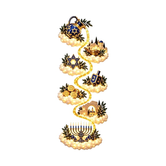 Vertical Lighted Hanukkah Door Hanger Spiral Cloud Scene Door Sign with Menorah Dreidel Oil Jug and Star for Holiday Entryway Display (C)