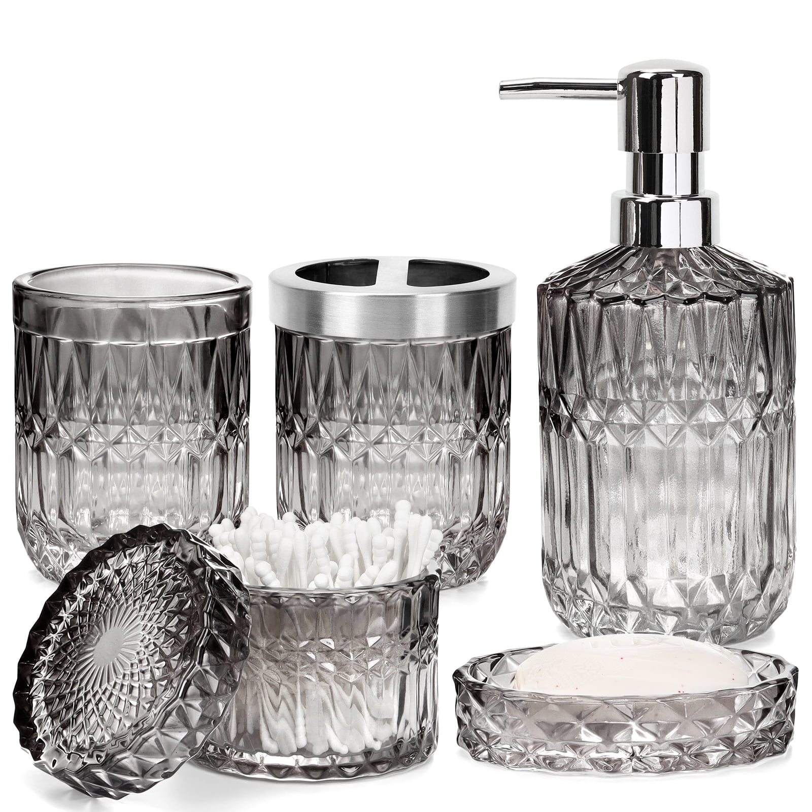 Vertical Line Glass Soap Dispenser Set, Rust-Proof Pump, Thickened Modern Bathroom Accessories for Countertop Organization & Stylish Home Decor(Grey)