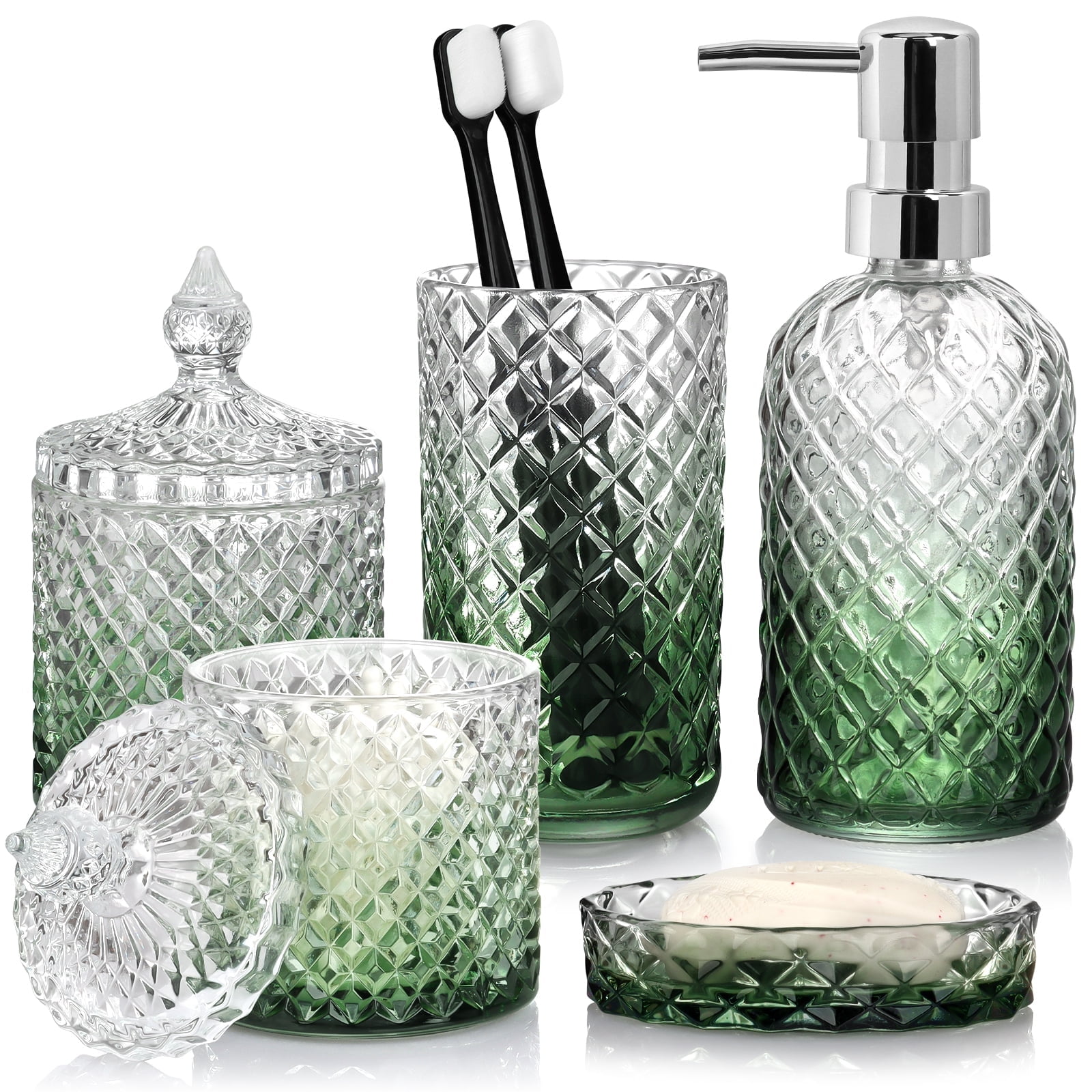 Vertical Line Glass Soap Dispenser Set, Rust-Proof Pump, Thickened Modern Bathroom Accessories for Countertop Organization & Stylish Home Decor
