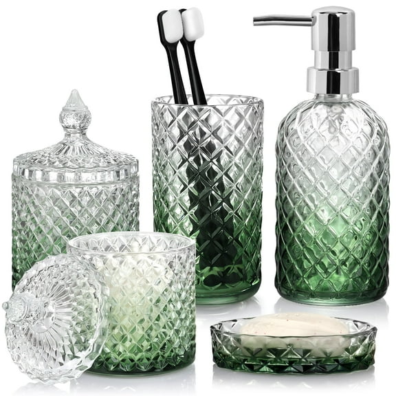 Vertical Line Glass Soap Dispenser Set, Rust-Proof Pump, Thickened Modern Bathroom Accessories for Countertop Organization & Stylish Home Decor