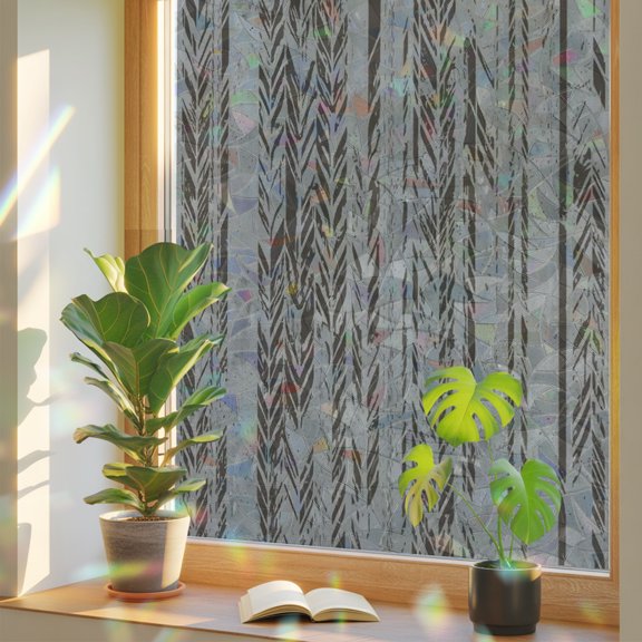 Vertical Line Plank Window Privacy Film, Rustic Industrial Gray Brown Wood Grain Static Cling Stained Glass Window Sticker Decorative Removable Rainbow Film for Glass 17.7”x39.3”