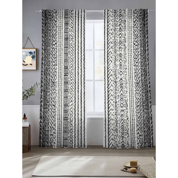 Vertical Line Window Sheer Curtain Minimalist Abstract Black White Stripe Noise Grain Semi Curtain Sheers Light Filtering Rod Pocket Voile Drapes for Bedroom Living Room 52 X 108 Inch, 2 Panels