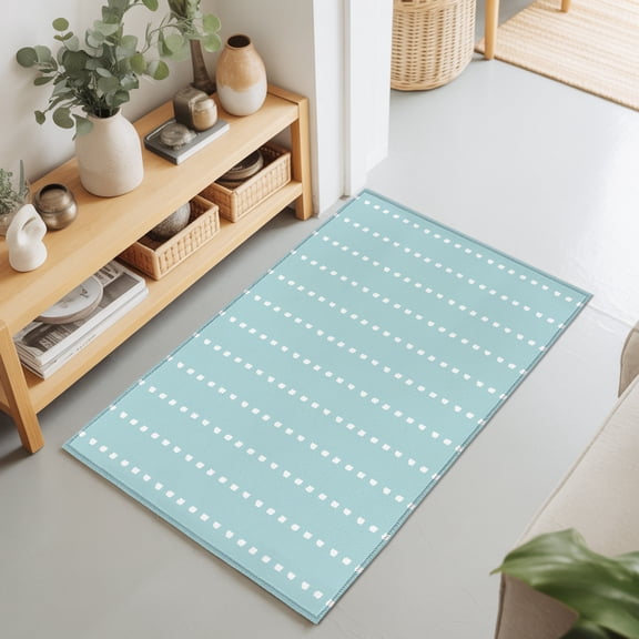 Vertical Lines 2'x3' Rug for Entryway Front Door Kitchen Sink Area, Modern Abstract White Dashed Pattern Aqua Low Pile Washable Non Slip Rectangle Area Rug
