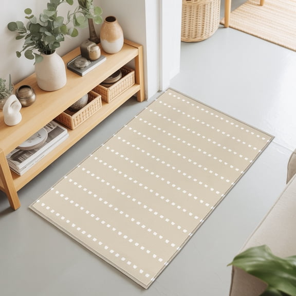 Vertical Lines 2'x3' Rug for Entryway Front Door Kitchen Sink Area, Modern Abstract White Dashed Pattern Beige Low Pile Washable Non Slip Rectangle Area Rug
