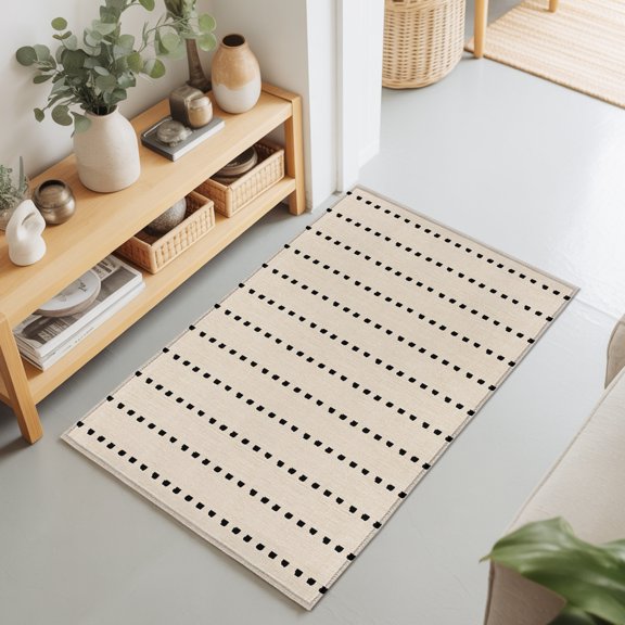 Vertical Lines 2'x3' Rug for Entryway Front Door Kitchen Sink Area, Modern Abstract White Dashed Pattern Khaki Low Pile Washable Non Slip Rectangle Area Rug