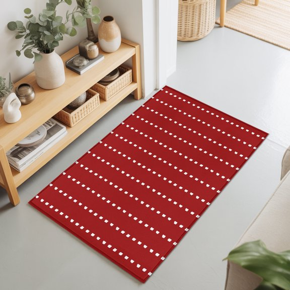 Vertical Lines 2'x3' Rug for Entryway Front Door Kitchen Sink Area, Modern Abstract White Dashed Pattern Red Low Pile Washable Non Slip Rectangle Area Rug