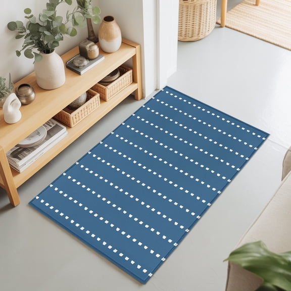 Vertical Lines 2'x3' Rug for Entryway Front Door Kitchen Sink Area, Modern Abstract White Dashed Pattern Sky Blue Low Pile Washable Non Slip Rectangle Area Rug