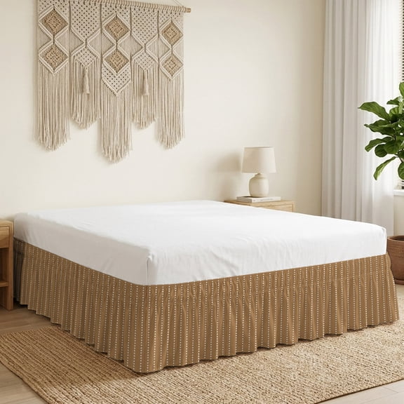 Vertical Lines Bed Skirt Bed Skirts Queen Size 16 Inch Drop, Modern Abstract White Dashed Pattern Taupe Wrap Around Dust Ruffle Bedskirt with Adjustable Elastic Belt for Queen Size Beds