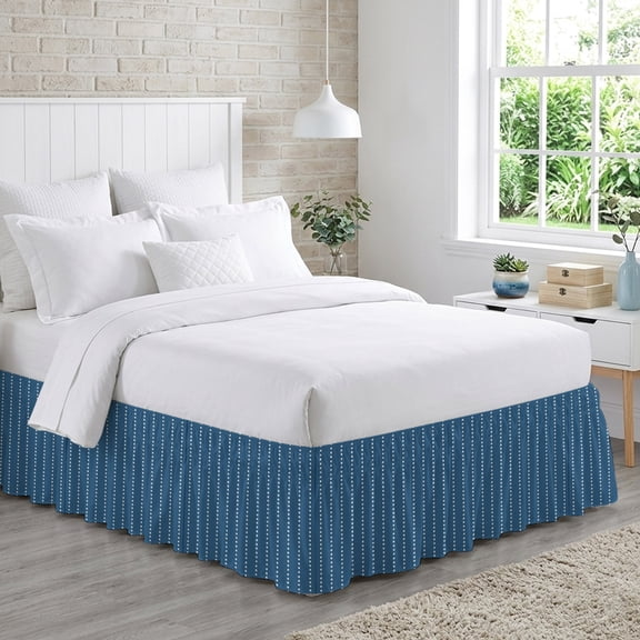 Vertical Lines Bed Skirt Queen Size 16 Inch Drop, Modern Abstract White Dashed Pattern Sky Blue Adjustable Elastic Dust Ruffles Bedskirt for Queen Bed Wrap Around Pleated Mattress Frame Cover