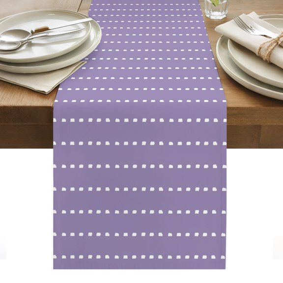 Vertical Lines Cotton Linen Table Runner Modern Abstract White Dashed Pattern Light Purple Dining Table Runners for Home Decor Party Dining Room Restaurant Kitchen Party 13" x 36"