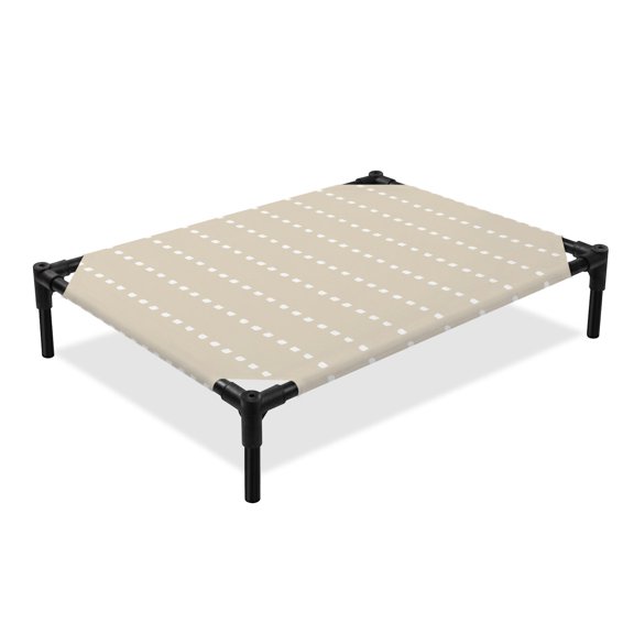 Vertical Lines Elevated Dog Bed, Modern Abstract White Dashed Pattern Beige Cooling Breathable Outdoor Raised Dog Cot Bed with Metal Frame Non-Slip Feet for Medium Dog 24x20in