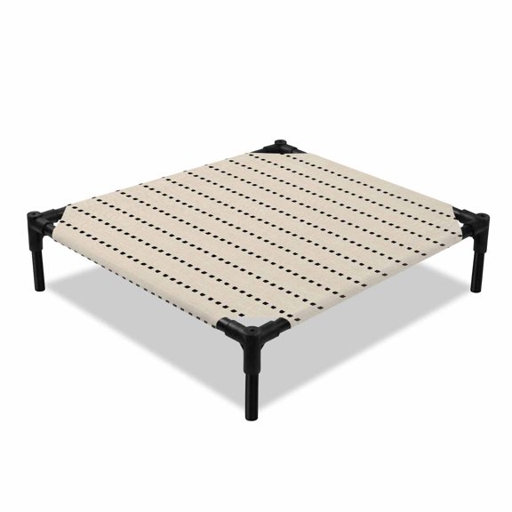 Vertical Lines Elevated Dog Bed, Modern Abstract White Dashed Pattern Khaki Cooling Breathable Outdoor Raised Dog Cot Bed with Metal Frame Non-Slip Feet for Small Dog 20x20in