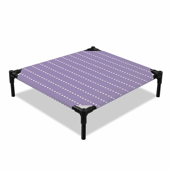 Vertical Lines Elevated Dog Bed, Modern Abstract White Dashed Pattern Light Purple Cooling Breathable Outdoor Raised Dog Cot Bed with Metal Frame Non-Slip Feet for Small Dog 20x20in