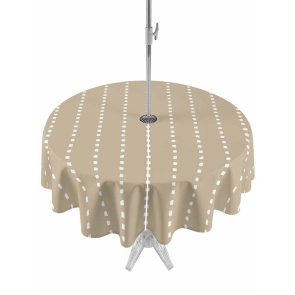 Vertical Lines Outdoor Round Tablecloth with Umbrella Hole 60", Modern Abstract White Dashed Pattern Flax Waterproof Zippered Table Cloth Wrinkle Free Wipeable Desk Covers for Patio Party