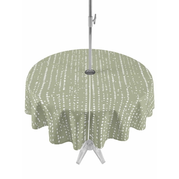 Vertical Lines Round Outdoor Tablecloth with Umbrella Hole Abstract Minimalist Green White Distressed Grain 54 Inch Round Waterproof Table Cover Zippered Table Cloth for Garden Patio