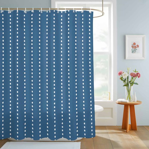Vertical Lines Shower Curtain, Modern Abstract White Dashed Pattern Sky Blue Waterproof Washable Shower Curtain for Bathroom Bathtub Partition Bath Decoration Set with Hooks 60x72in