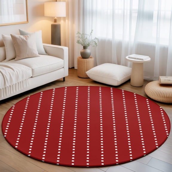 Vertical Lines Small Round Rug 3Ft Modern Abstract White Dashed Pattern Red Area Rugs Washable Non Slip Indoor Floor Mats Circle Carpet for Living Room Bedroom Dining Room Home Decor