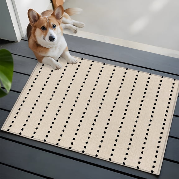 Vertical Lines Washable Entry Rug 2x3 Modern Abstract White Dashed Pattern Khaki Low Pile Indoor Door Mat with Rubber Backing Thin Area Rug for for Entrance, Bedroom, Kitchen, Laundry, Bathroom