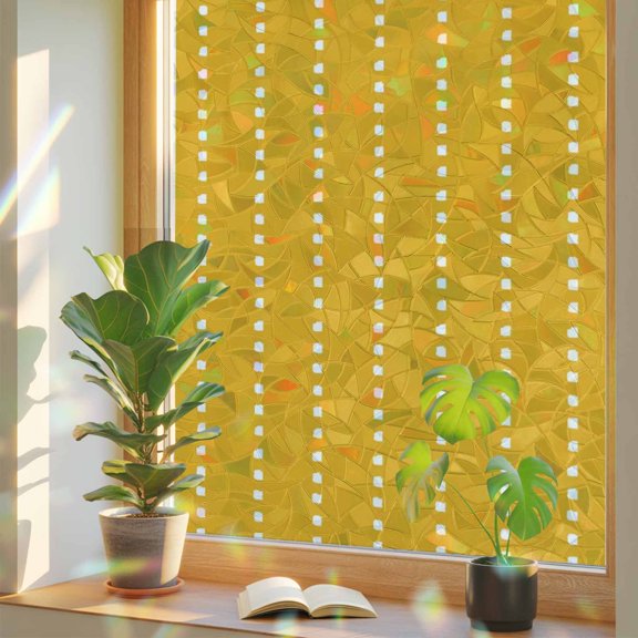Vertical Lines Window Privacy Film, Modern Abstract White Dashed Pattern Lemon Yellow Stained Glass Rainbow Film Decorative Window Clings, Static Cling Sun Blocking Stickers 17.7" x 39.3"