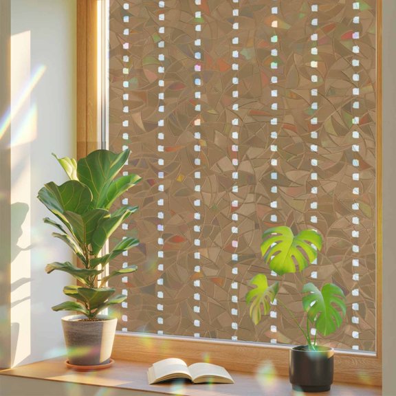 Vertical Lines Window Privacy Film, Modern Abstract White Dashed Pattern Taupe Stained Glass Rainbow Film Decorative Window Clings, Static Cling Sun Blocking Stickers 23.6" x 59"