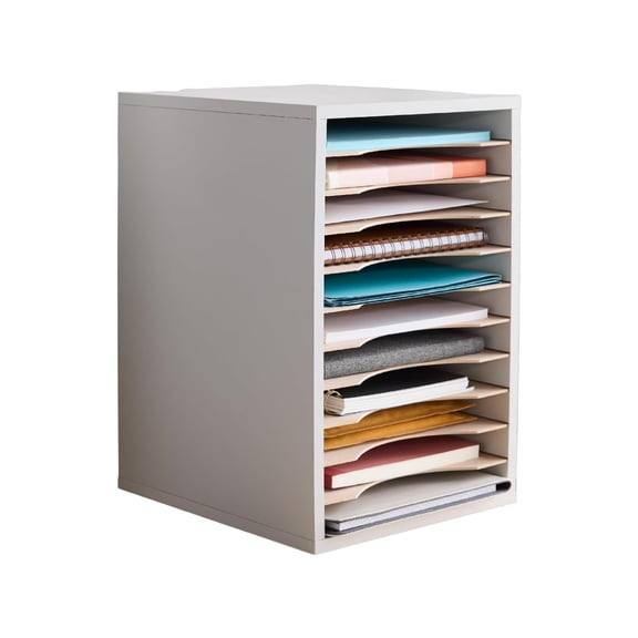 Vertical Literature Organizer with 11 Compartments, Adjustable Shelves Wood Paper and Mail Sorter for Office Classroom, Modern Gray, 10.75x12x16 Inches