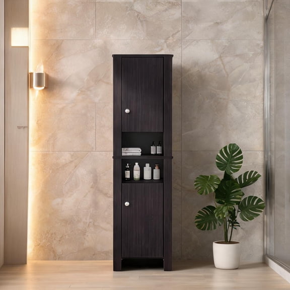 Vertical Louvered Tall Bathroom Cabinet with Concealed Storage and Daily Use Top, Wenge Finish
