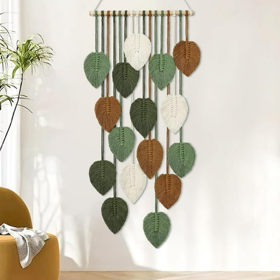 Vertical Macrame Wall Hanging Boho Home Decor, Long Narrow Chic Wall Art Bohemian Woven Leaves Tapestry Vintage Decorations for Front Door Indoor Entrance Living Room Bedroom 16.5"W x 37.5"L