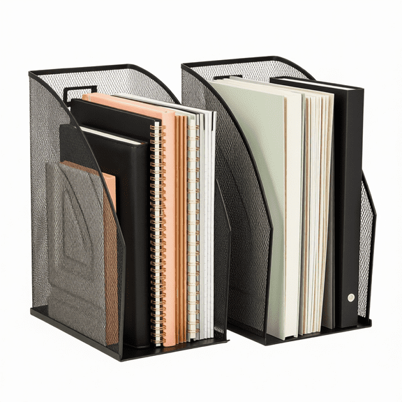 Vertical Mesh File Organizer Set of 2, Black Desktop Document Holder for Folders, Notebooks and Papers, Metal Wire Desk Storage