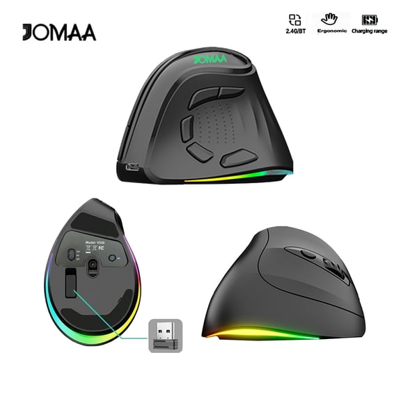Wireless Rechargeable Vertical Ergonomic Mouse, Bluetooth+2.4G USB Multi-Device, 9 RGB Lights & 9 Keys, Quiet Click, 4000 DPI Adjustable Ergonomic Mice for PC Laptop