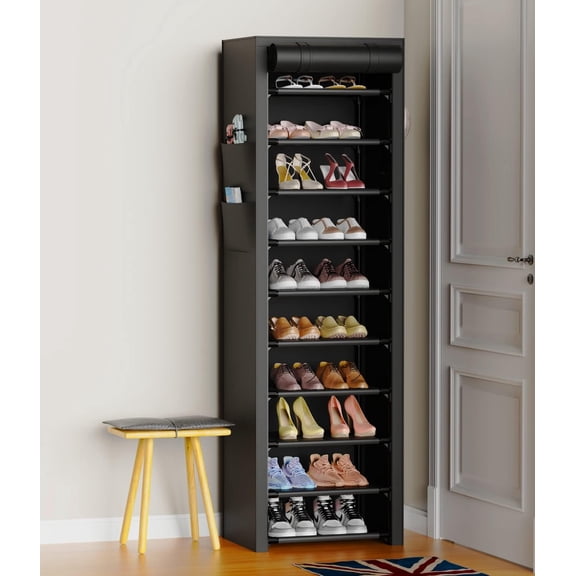 Vertical Narrow Shoe Rack Organizer 10 Tier Tall Shoe Shelf Holds 20-22 Pairs with Non-Woven Dustproof Cover for Closet, Entryway Black
