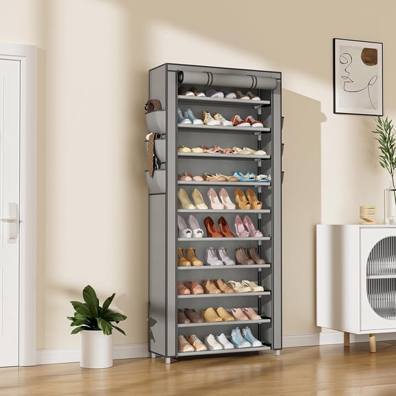Vertical Narrow Shoe Rack Organizer 10 Tier Tall Shoe Storage Cabinet with Dustproof Cover, Grey