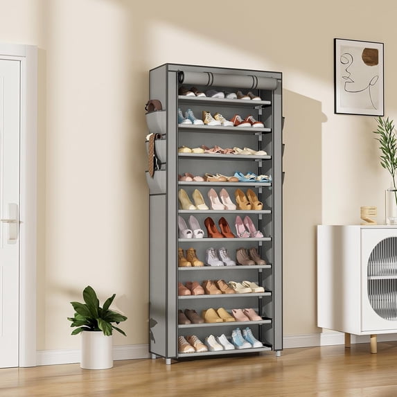 Vertical Narrow Shoe Rack Organizer 10 Tier Tall Shoe Storage Cabinet with Dustproof Cover, Grey