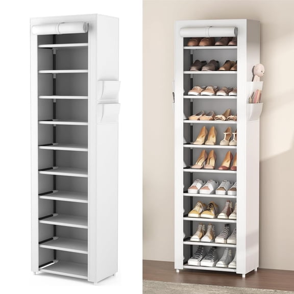 Vertical Narrow Shoe Rack Organizer Tall Shoe Rack for Closet Entryway 10 Tier Non-Woven Cover Shoe Shelf Holds 20-22 Pairs Free Standing Shoe Storage Cabinet with Dustproof Cover, White