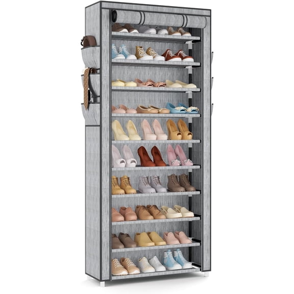 Vertical Narrow Shoe Rack Organizer Tall Shoe Rack for Closet Entryway 10 Tier Non-Woven Cover Shoe Shelf Holds 36-41 Pairs Free Standing Shoe Storage Cabinet with Dustproof Cover, Multi Color