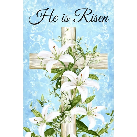 Vertical Outdoor Yard Flag He is Risen Easter Religious Cross Lily Rustic Spring Holiday Garden Banner 12x18