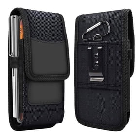 Vertical Oxford and Leather Case has a card Holder and belt loop, Compatible with Consumer Cellular Speak Easy Smart and Iris Connect 2 with a thin cover on it.