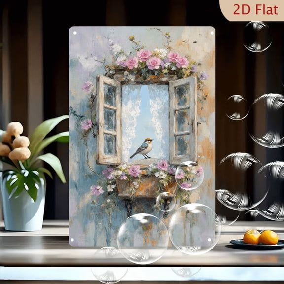 Vertical Painterly Bird on Window Wall Art, 8x12 Inch Metal Tin Sign, Romantic Spring Flowers Roses Petunias European Robin Decor for Home Kitchen