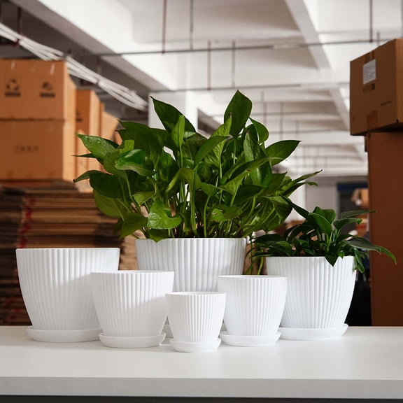 Vertical Pattern Thickened Potted Plant Pot For Balcony And Indoor Greenery, 9*8Cm Non Ceramic A1Pc Material Lightweight Flowerpot, Including 1 Matching Tray For Water Collection