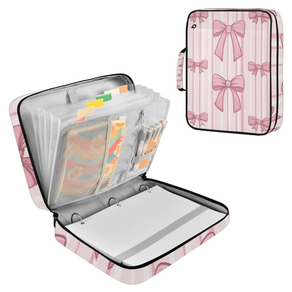 Vertical Pink Stripes with Bows Accordion File Organizer Expanding File Folder 3-Ring Binder Bag 500 Sheets A4 Size