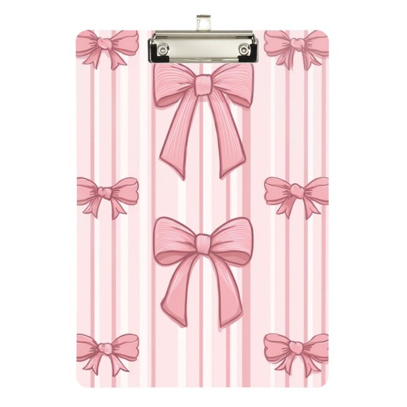 Vertical Pink Stripes with Bows Acrylic Clipboard Drawing Board with Hook Writing Pad File Storage A4 Size Silver 12.5" x 9"