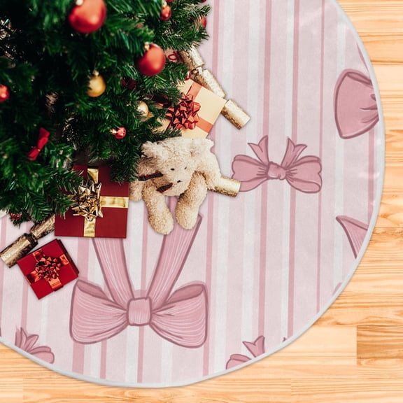 Vertical Pink Stripes with Bows Christmas Tree Skirt Opening Design Floor Protection Holiday Decor 35.4" Diameter S
