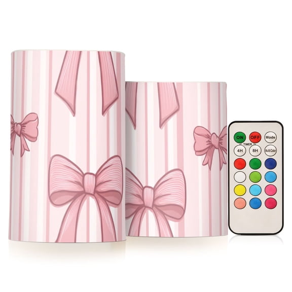 Vertical Pink Stripes with Bows Flickering Flameless Candles LED Tealight Battery Operated with Remote Set of 2 Holiday Decor Ornaments