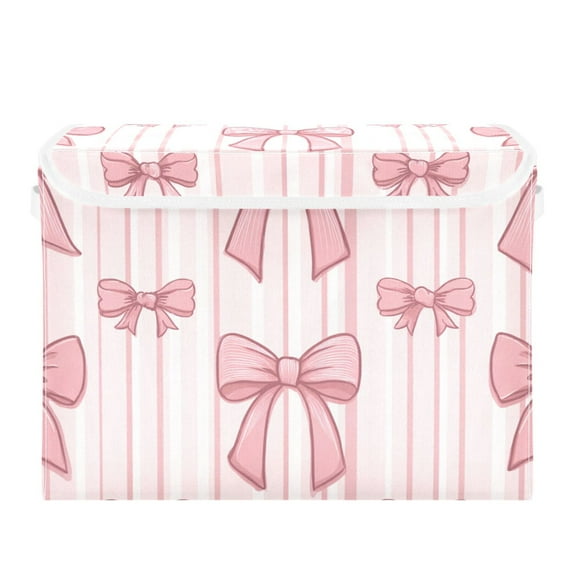 Vertical Pink Stripes with Bows Foldable Storage Bin with Lid and Handle Collapsible Storage Box 16.5 x 12.6 x 11.8 inches
